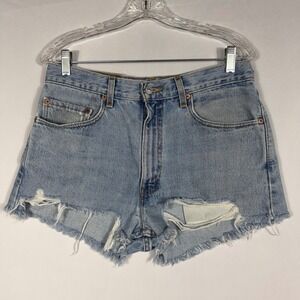 Vtg 90s Levis 505 Cut Off Denim Booty Shorts Light Wash Distressed High Rise W32